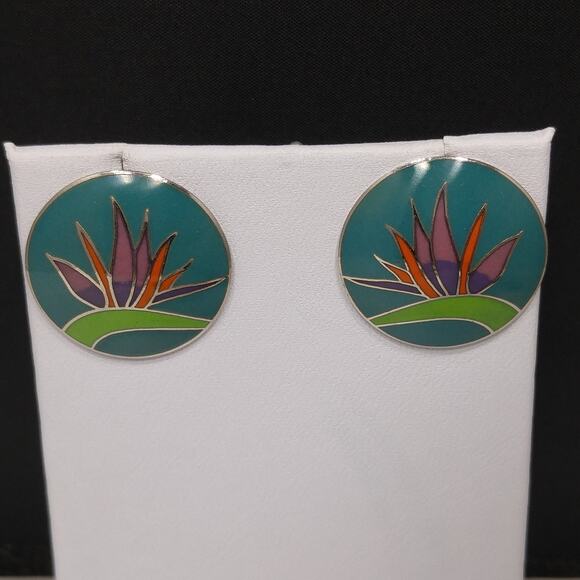Vintage Laurel Burch Bird of Paradise Post Earrings, Silver Tone Cloisonné - Picture 6 of 10